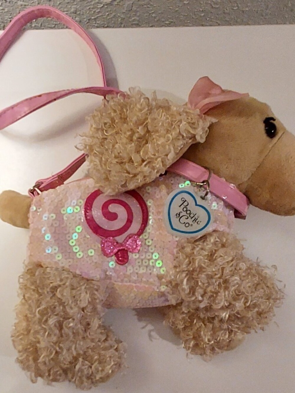Poochie Co Pink Plush Poodle Dog Purse Sequins Zip Curly Fur Bag Bow READ